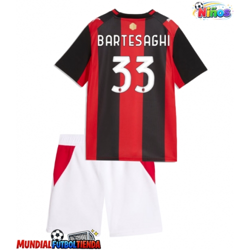 Camiseta AC Milan Davide Bartesaghi #33 Primera Equipación Replica 2026-27 para niños mangas cortas (+ Pantalones cortos)